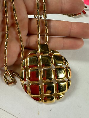 Vintage Necklace Trifari Pendant Disco Ball Circle Link Bar Bead Shiny Gold $50.00