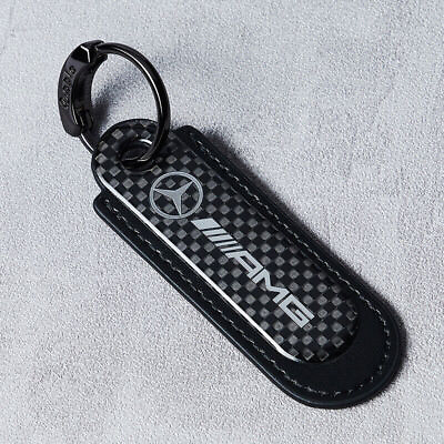 Real Carbon FiberBlack Leather Keychain Key Fob Key Ring for Mercedes Benz AMG $16.79