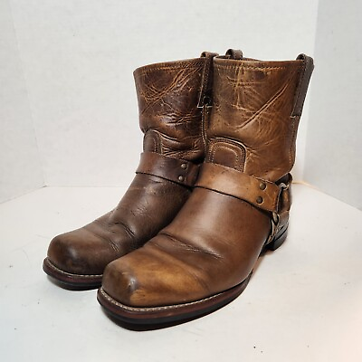 VTG Frye Brown Leather Pull On Square Toe Harness Motorcycle Boots Mens 10 USA $80.90