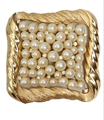 Trifari Crown Over T Gold Tone Clear Rhinestone Faux Pearl Square Brooch Signed $69.99
