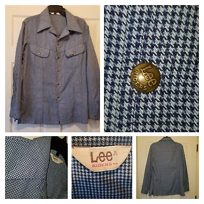 Lee Riders Shirt Mens Small Blue Vintage Snap Houndstooth Plaid Butterfly Collar $68.88