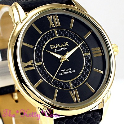 OMAX Slim Gold Pl Seiko Y121 Movt Classic Gents Black Swiss Dress Watch LA01G22I GBP 25.99