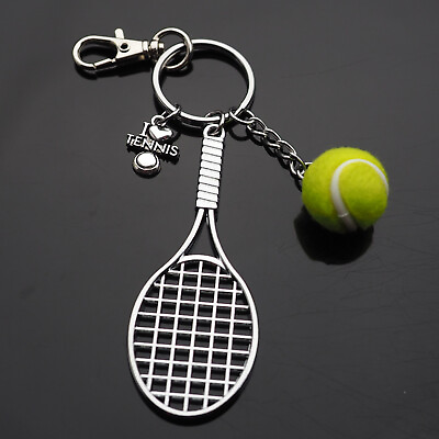 Tennis Racket amp; Green Ball Keychain Silver Racket I Love Tennis Charm with Clip $6.99