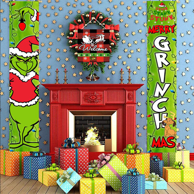 2PCS Grinch Christmas Decorations Grinch Porch Sign Door Banner Merry Grinchmas $10.39