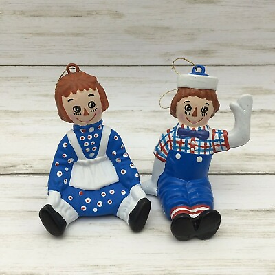 1999 Samp;S Raggedy Ann and Andy Sitting Plastic Christmas Ornament Set $13.45