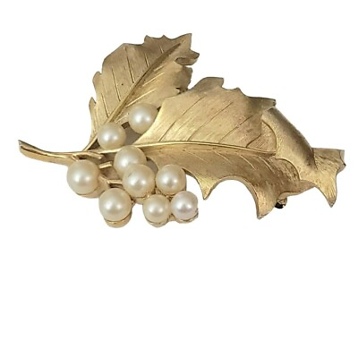 Trifari Crown Over T Gold Tone Faux Pearl Leaf Brooch Signed $69.99