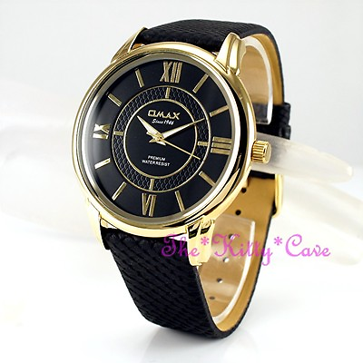 Classic OMAX Slim Gold Pl Seiko Y121 Movt Gents Black Swiss Dress Watch LA01G22I $36.95