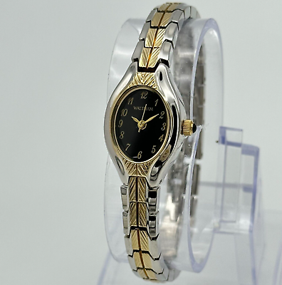 Ladies WALTHAM Classic Two Tone Petite Bracelet Watch Black Dial Oval WAW024 $21.99