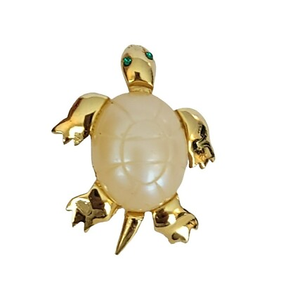 Trifari Crown Over T Gold Tone Plastic Pearl Shell Turtle Pin Signed K27 $44.00