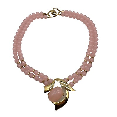 Vintage Trifari Pendant Necklace Pink Lucite Bead Cabochon Modernist Gold Tone 8 $85.00