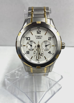 Men#x27;s Timex Classic Two Tone White Dial w Silver Gold Metal Band Watch 73 $34.90