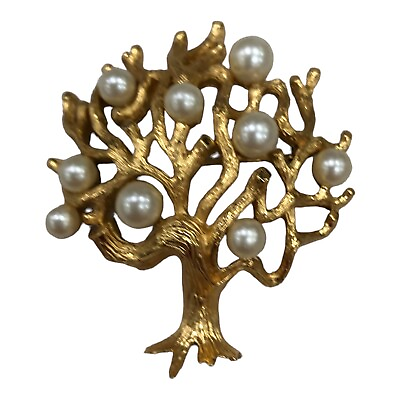 Trifari Crown Brooch Faux Pearl Gold Tone Bonsai Tree Of Life Pin Signed Luster $54.97
