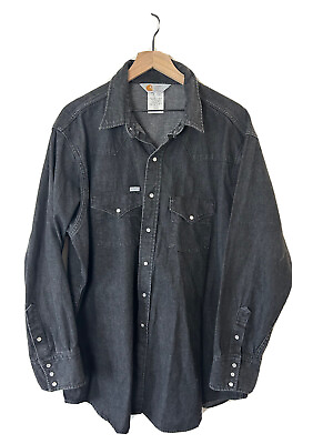 Carhartt Denim Shirt Menâ€™s Black Grey Vintage Snap Button Heavy Size 19x36 USA $74.98