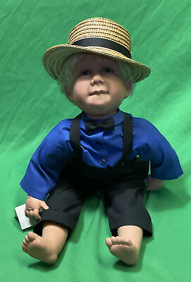 Vintage Sitting Plastic Boy Doll with blue amp; Black Clothes amp; Hat 21â€� Tall $69.30