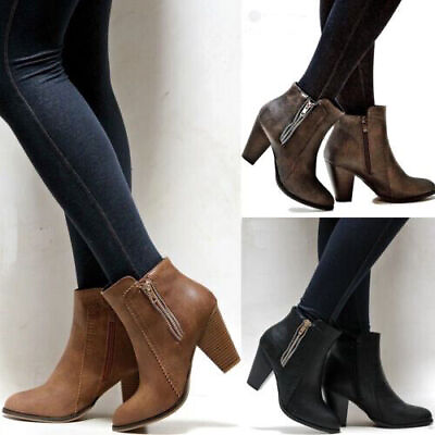 Womens Ladies Mid Block Heel Ankle Boots Point Toe Office Booties Zip Shoes New $33.71
