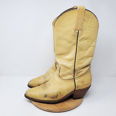 Frye Boots Mens 10 D Cream Leather Vintage USA 2308 Western Distressed WORN $59.95