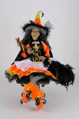25quot; Karen Didion Sitting Candy Corn Feather Broom Witch Halloween Doll Decor $89.99