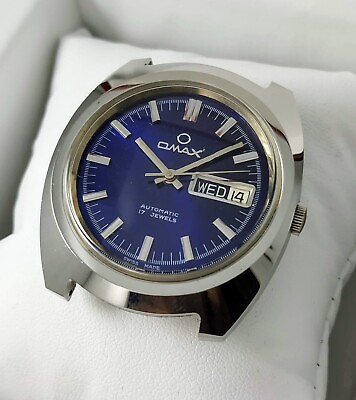 NOS Vintage OMAX Automatic Day Date men#x27;s watch Swiss Made Blue Dial AS 2066 $229.00