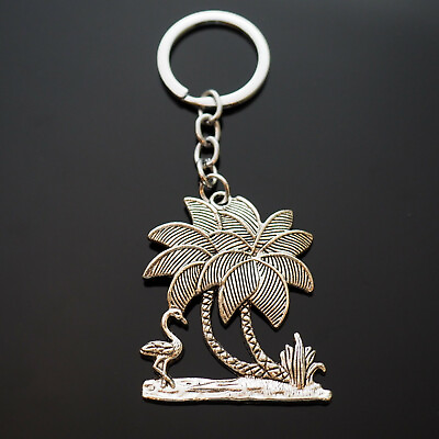 Flamingo Beach Palm Tree Keychain Silver Pendant Lover Gift Tropical Key Chain $6.59