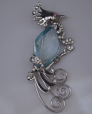 ANTIQUE STERLING SILVER PEACOCK BIRD STONE BELLY BROOCH 3.5quot; TRIFARI STYLE $244.75