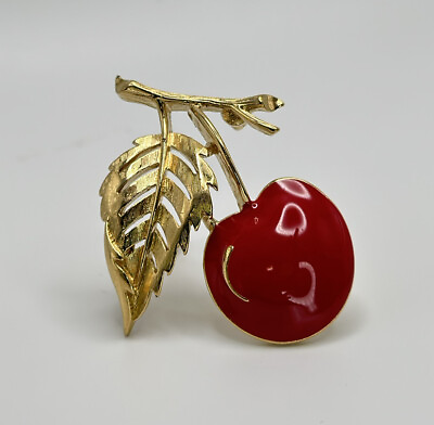 Trifari Crown Trifari Red Enamel Cherry Brooch Gold Plate MINT Condition Signed $100.00