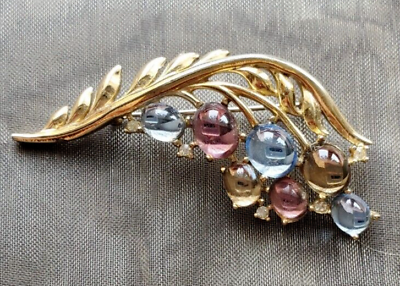 Trifari Crown Blue Pink Amber Moonstone Pin Brooch Rhinestones Gold Tone $199.99