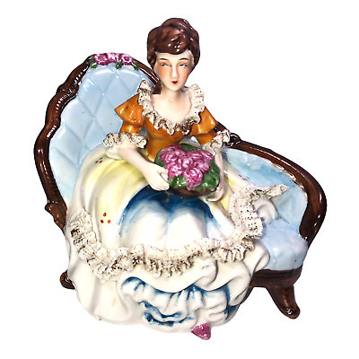 Victorian Woman Porcelain Figurine Sitting On Couch Settee Vintage Lace Trim $39.95