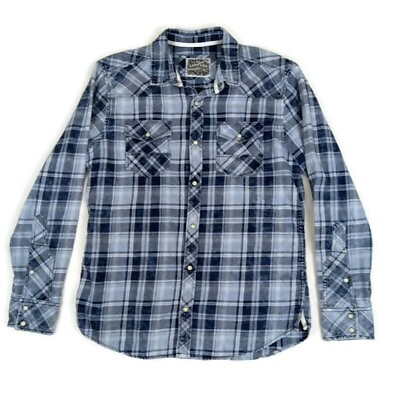 BKE Vintage Snap Shirt Men L Athletic Fit LS Button Up Blue Plaid Cotton Pockets $11.25