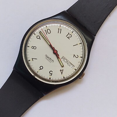 Vintage Watch Swatch Swiss Classic Two GB709 Black 34 mm Case AG 1986 Day Date $45.87