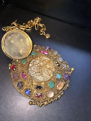 Amazing Vintage Indian Multiple Stones Crown Trifari Pendant Locket Necklace $850.00